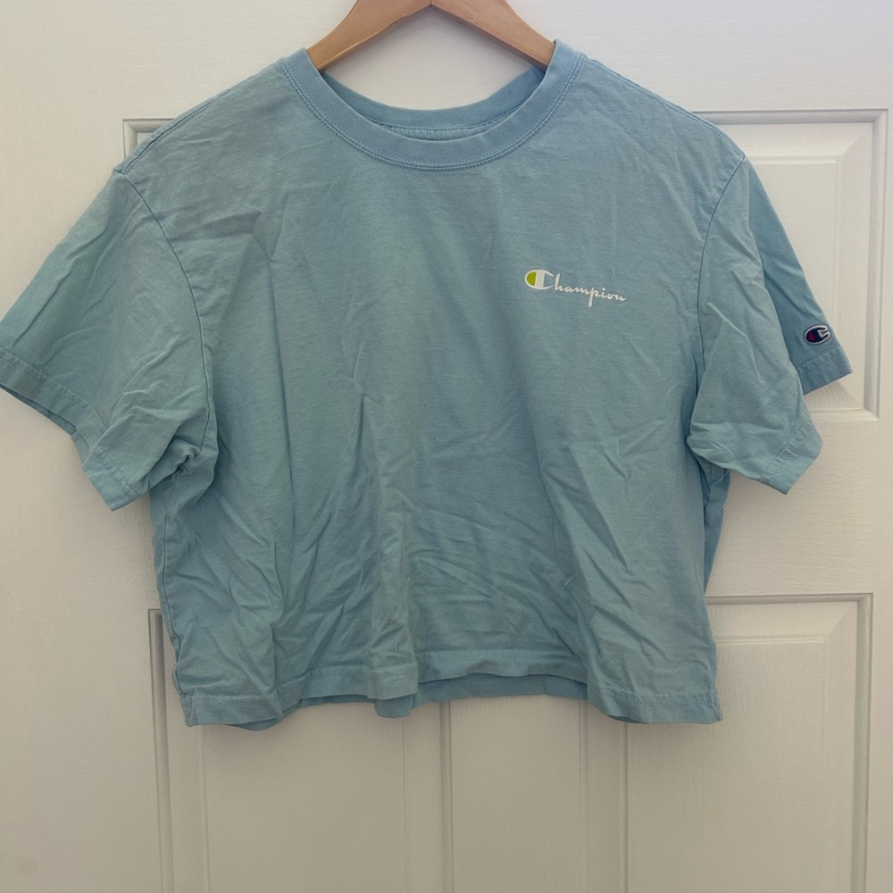 Women's L Champion Cropped T-Shirt | Light Blue Embroidered Logo Crop Top Tee